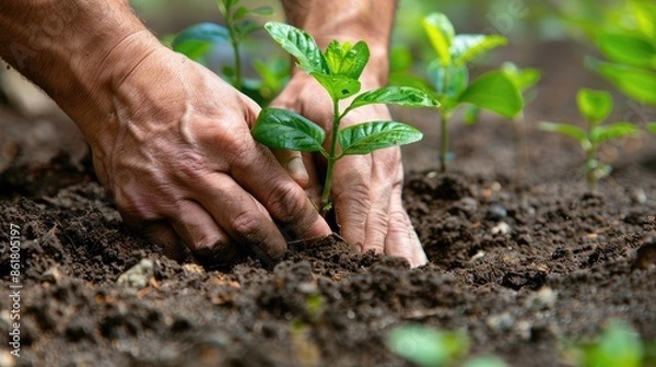 Obraz Close-up of hands planting a sapling in rich soil.