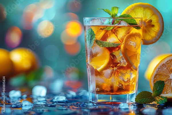 Fototapeta Refreshing iced tea with lemon slices and mint, perfect for a summer beverage.