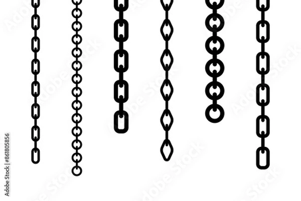Obraz Various hanging chains. Black silhouette. Vertical front side view. Vector simple flat graphic illustration. Isolated object on a white background. Isolate.