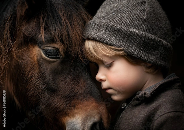 Fototapeta A small boy and a pony in a close-up profile, touching foreheads as they say goodbye. The image captures the emotional and tender moment of farewell between the boy and his pony