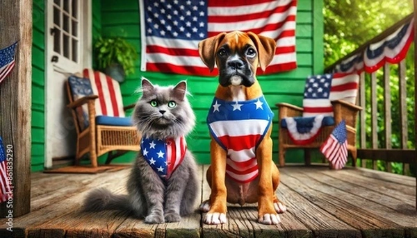 Fototapeta Patriotic Boxer Puppy and Gray Cat on Rustic Porch with American Flag