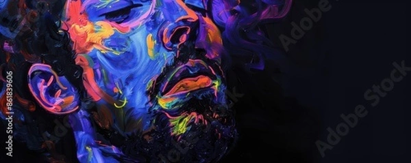 Fototapeta Portrait of a man painted in fluorescent UV colors. The vivid and striking colors create a psychedelic effect, perfect for artistic and creative projects that require a bold visual impact.