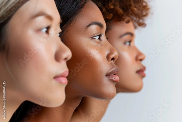 Obraz Three diverse women in profile against a white background. The image highlights beauty and unity