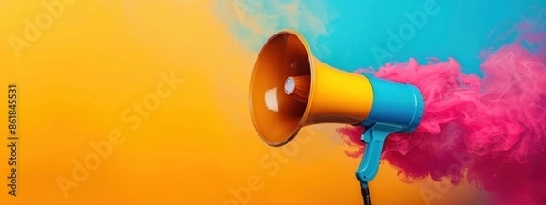 Fototapeta A colorful megaphone is on a yellow background. The megaphone is bright and colorful, and it seems to be a symbol of communication or a call to action. The yellow background adds a sense of energy