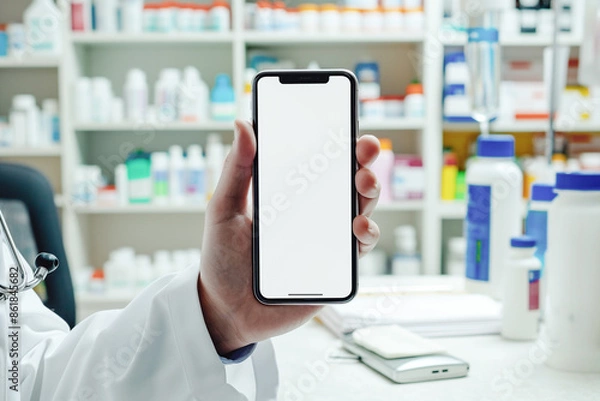 Obraz Hand holding smartphone with blank screen in a pharmacy. Blurred shelves of medicine in the background. Concept of healthcare technology and online medical services.
