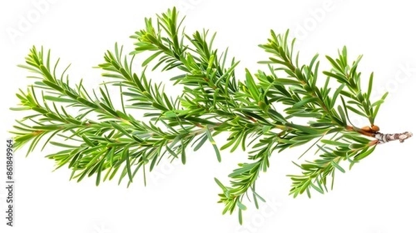 Fototapeta Fresh Green Sprig of Cypress Isolated on White Background. Close Up of Evergreen Coniferous Plant. Concept of Nature, Botany, and Decoration