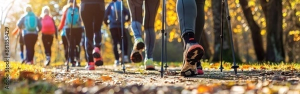 Obraz Senior people doing nordic walking outdoors