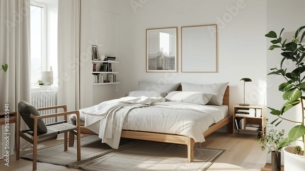 Obraz A bright and airy Scandinavian bedroom with a focus on simplicity and functionality. The room features white walls and light wooden floors. 