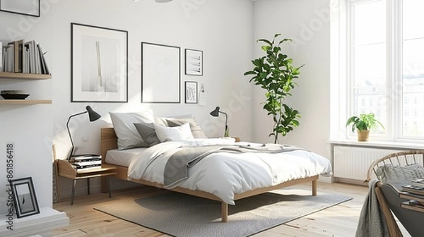 Fototapeta A bright and airy Scandinavian bedroom with a focus on simplicity and functionality. The room features white walls and light wooden floors. A low,