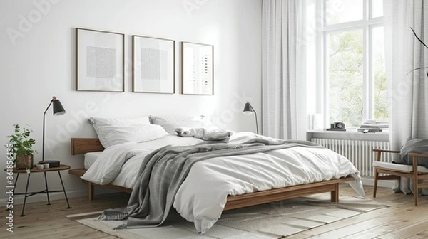 Fototapeta A bright and airy Scandinavian bedroom with a focus on simplicity and functionality. The room features white walls and light wooden floors. A low,
