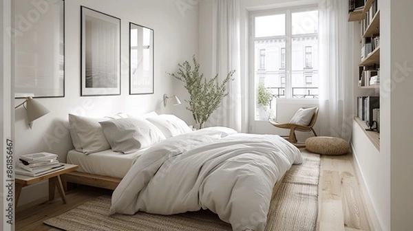 Fototapeta A bright and airy Scandinavian bedroom with a focus on simplicity and functionality. The room features white walls and light wooden floors. A low,