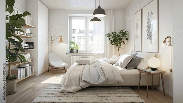 Fototapeta A bright and airy Scandinavian bedroom with a focus on simplicity and functionality. The room features white walls and light wooden floors. A low,