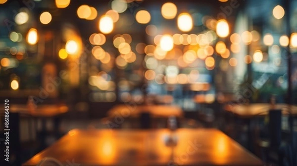Fototapeta A blurred image of an empty restaurant table with warm lights