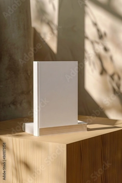 Obraz A white book sitting on top of a wooden block.