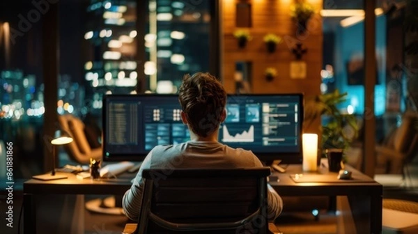 Obraz Person working late at night in modern office with multiple screens, focusing on analysis and data. City skyline visible through windows.
