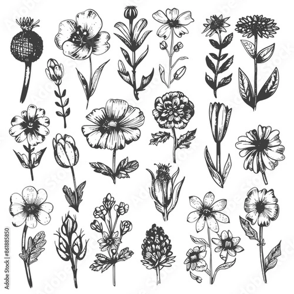 Fototapeta collection set hand drawn doodle cute flower with engraving style black color only