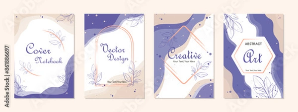 Obraz Set of abstract card background vector in violet and beige colors with botanical flower and leaf branch cover. Design illustration for flyer, poster, banner, brochure, wedding, birthday. 