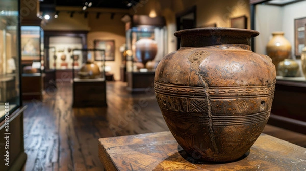 Fototapeta An intricately designed ancient pottery vase stands on display in a warmly lit museum gallery, with other artefacts visible in the background.