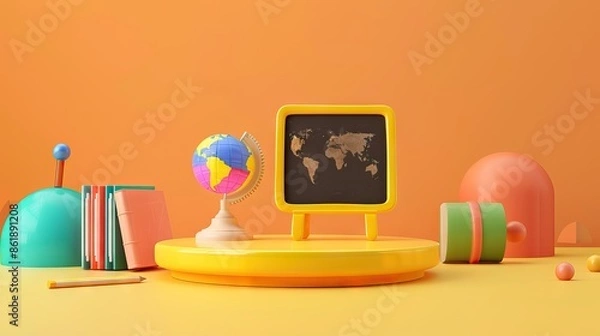 Fototapeta 3D Rendering back to school interior study room for children cute icon cartoon style. 3D Render illustration. AI generated illustration