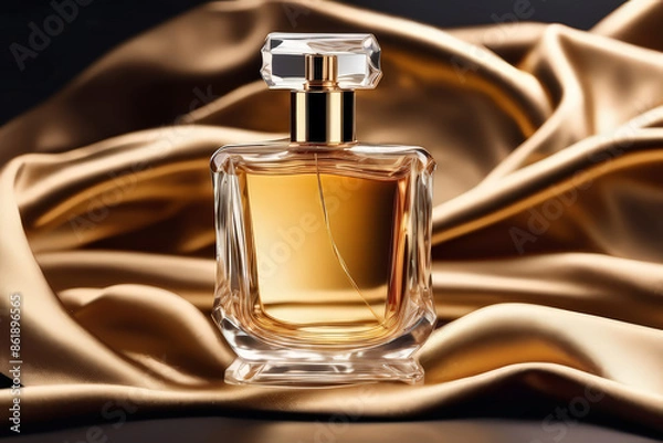 Obraz A Luxury Perfume Bottle Against A Dark Background With Flowing Cloth. The Faceted Design Reflects Tones, Creating An Elegant And Sophisticated Appearance.