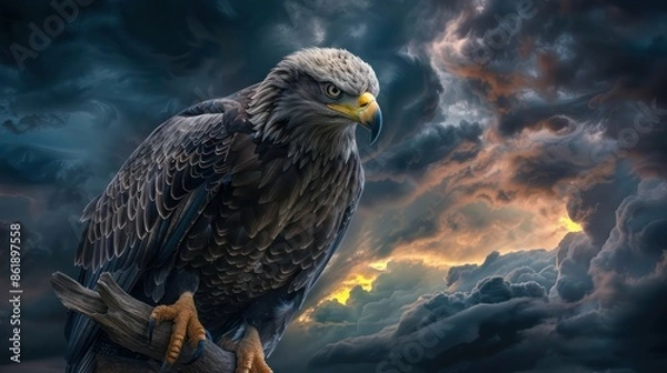 Obraz A fierce eagle clutching a branch, its gaze intense against a backdrop of storm clouds gathering in the distance