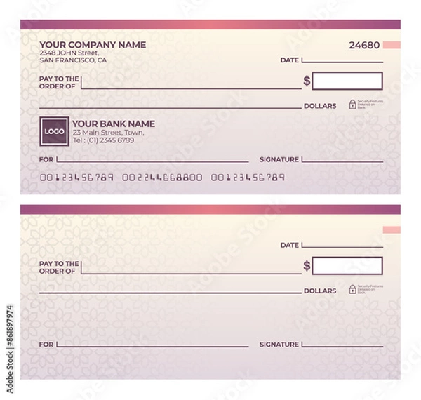 Obraz Blank bank check. Checkbook cheque template. Checkbook cheque template with purple theme. Money payment voucher or pay cash cheque certificate.