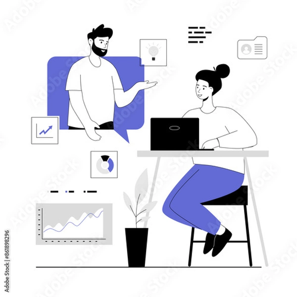 Fototapeta Virtual meeting, online teamwork. Woman and man having video chat, discuss work issues. Vector illustration with line people for web design.