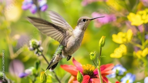 Fototapeta A hummingbird hovering near vibrant wildflowers on a sunny day, its wings a blur in the bright, colorful setting