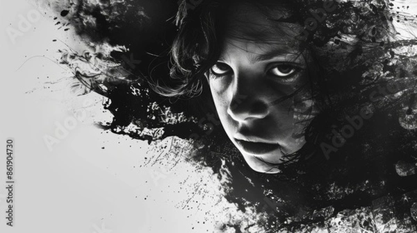 Fototapeta An intense stare frozen in the midst of a midair jump. Black and white art