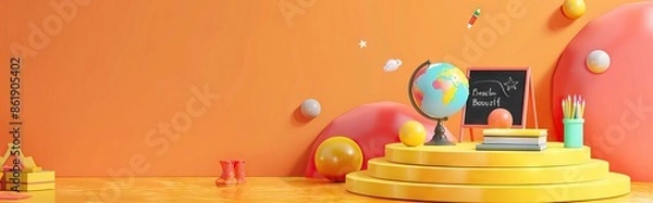 Fototapeta 3D Rendering back to school interior study room for children cute icon cartoon style. 3D Render illustration. AI generated illustration