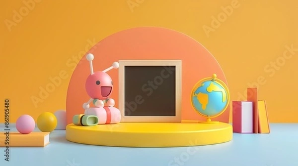 Fototapeta 3D Rendering back to school interior study room for children cute icon cartoon style. 3D Render illustration. AI generated illustration