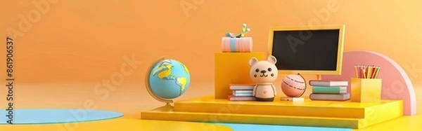 Fototapeta 3D Rendering back to school interior study room for children cute icon cartoon style. 3D Render illustration. AI generated illustration