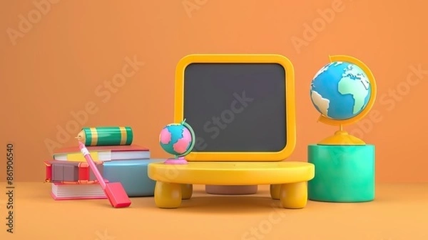 Fototapeta 3D Rendering back to school interior study room for children cute icon cartoon style. 3D Render illustration. AI generated illustration