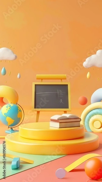 Fototapeta 3D Rendering back to school interior study room for children cute icon cartoon style. 3D Render illustration. AI generated illustration