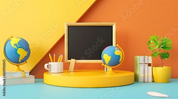 Fototapeta 3D Rendering back to school interior study room for children cute icon cartoon style. 3D Render illustration. AI generated illustration