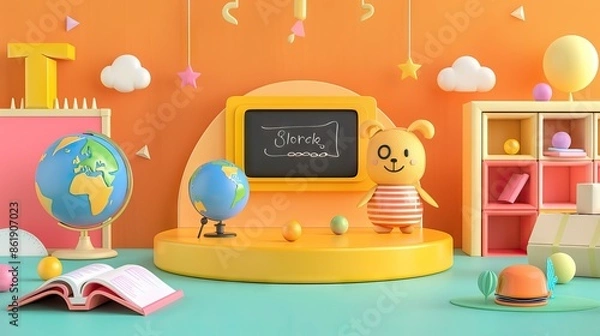 Fototapeta 3D Rendering back to school interior study room for children cute icon cartoon style. 3D Render illustration. AI generated illustration