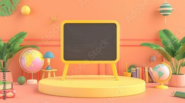 Fototapeta 3D Rendering back to school interior study room for children cute icon cartoon style. 3D Render illustration. AI generated illustration
