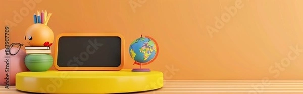 Fototapeta 3D Rendering back to school interior study room for children cute icon cartoon style. 3D Render illustration. AI generated illustration