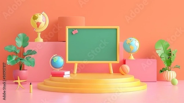 Fototapeta 3D Rendering back to school interior study room for children cute icon cartoon style. 3D Render illustration. AI generated illustration
