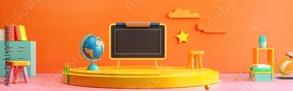 Fototapeta 3D Rendering back to school interior study room for children cute icon cartoon style. 3D Render illustration. AI generated illustration