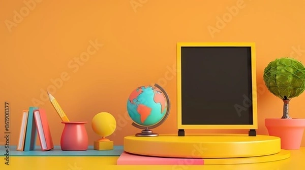 Fototapeta 3D Rendering back to school interior study room for children cute icon cartoon style. 3D Render illustration. AI generated illustration