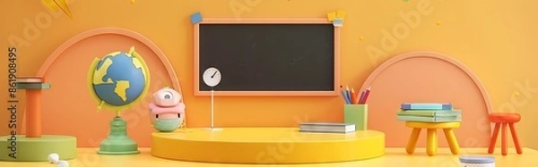 Fototapeta 3D Rendering back to school interior study room for children cute icon cartoon style. 3D Render illustration. AI generated illustration