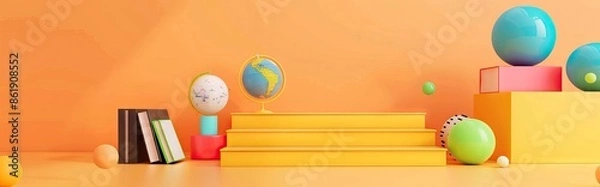 Fototapeta 3D Rendering back to school interior study room for children cute icon cartoon style. 3D Render illustration. AI generated illustration