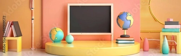 Fototapeta 3D Rendering back to school interior study room for children cute icon cartoon style. 3D Render illustration. AI generated illustration