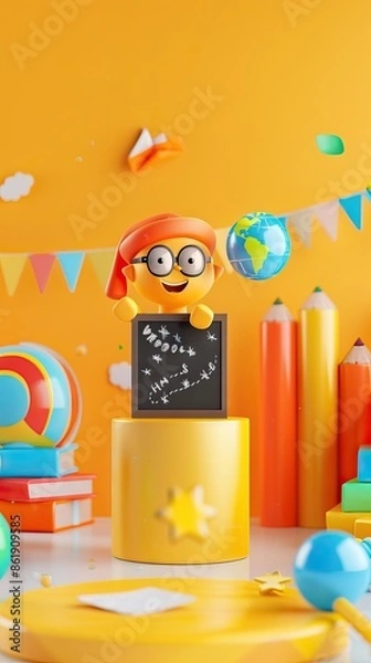 Fototapeta 3D Rendering back to school interior study room for children cute icon cartoon style. 3D Render illustration. AI generated illustration