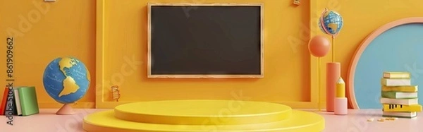 Fototapeta 3D Rendering back to school interior study room for children cute icon cartoon style. 3D Render illustration. AI generated illustration