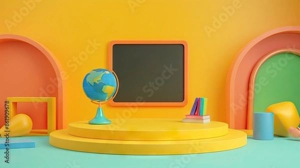 Fototapeta 3D Rendering back to school interior study room for children cute icon cartoon style. 3D Render illustration. AI generated illustration