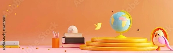 Fototapeta 3D Rendering back to school interior study room for children cute icon cartoon style. 3D Render illustration. AI generated illustration