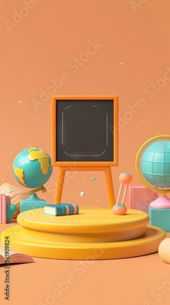 Fototapeta 3D Rendering back to school interior study room for children cute icon cartoon style. 3D Render illustration. AI generated illustration