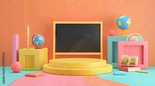 Fototapeta 3D Rendering back to school interior study room for children cute icon cartoon style. 3D Render illustration. AI generated illustration